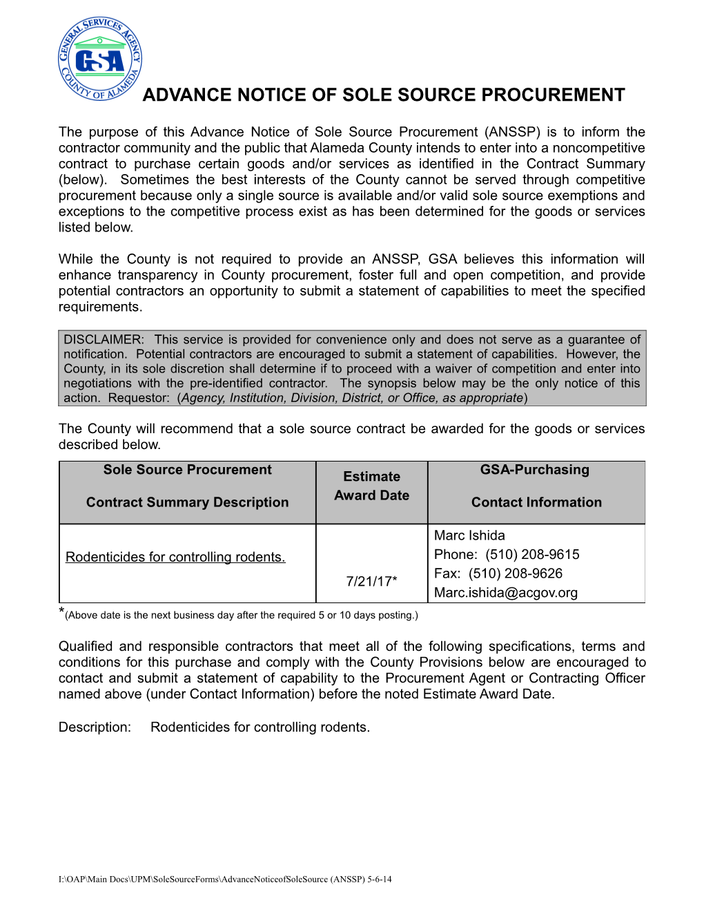 Advance Notice of Sole Source Procurement s13