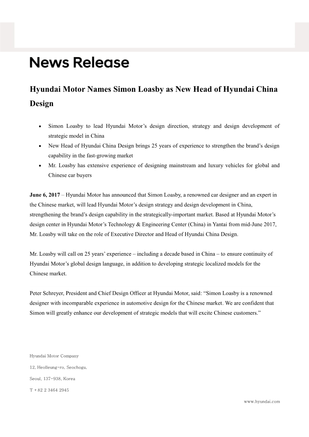 Hyundai Motor Names Simon Loasby As New Head of Hyundai China Design