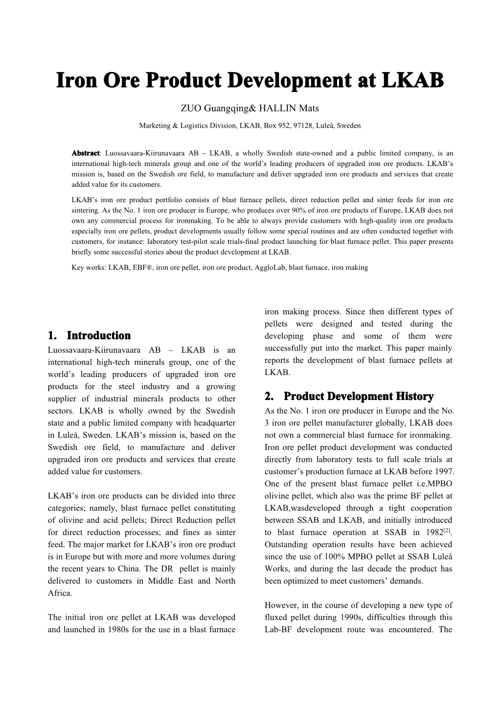 Iron Ore Product Development at LKAB