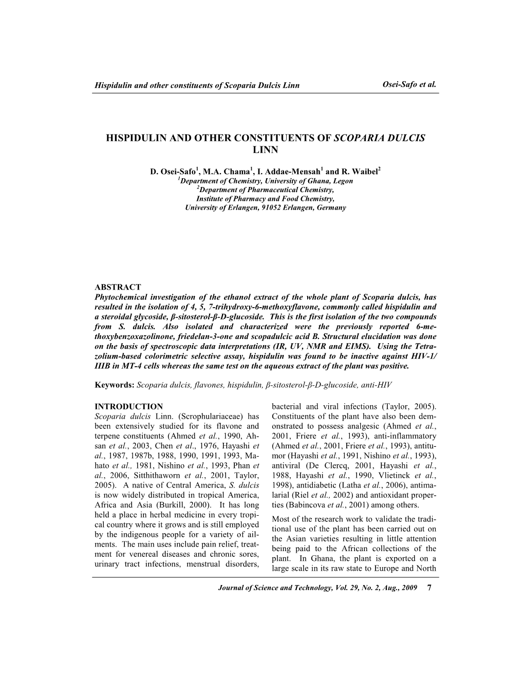 Hispidulin and Other Constituents of Scoparia Dulcis Linn Osei-Safo Et Al