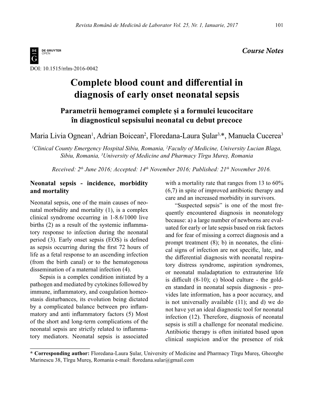 Complete Blood Count and Differential in Diagnosis of Early Onset Neonatal