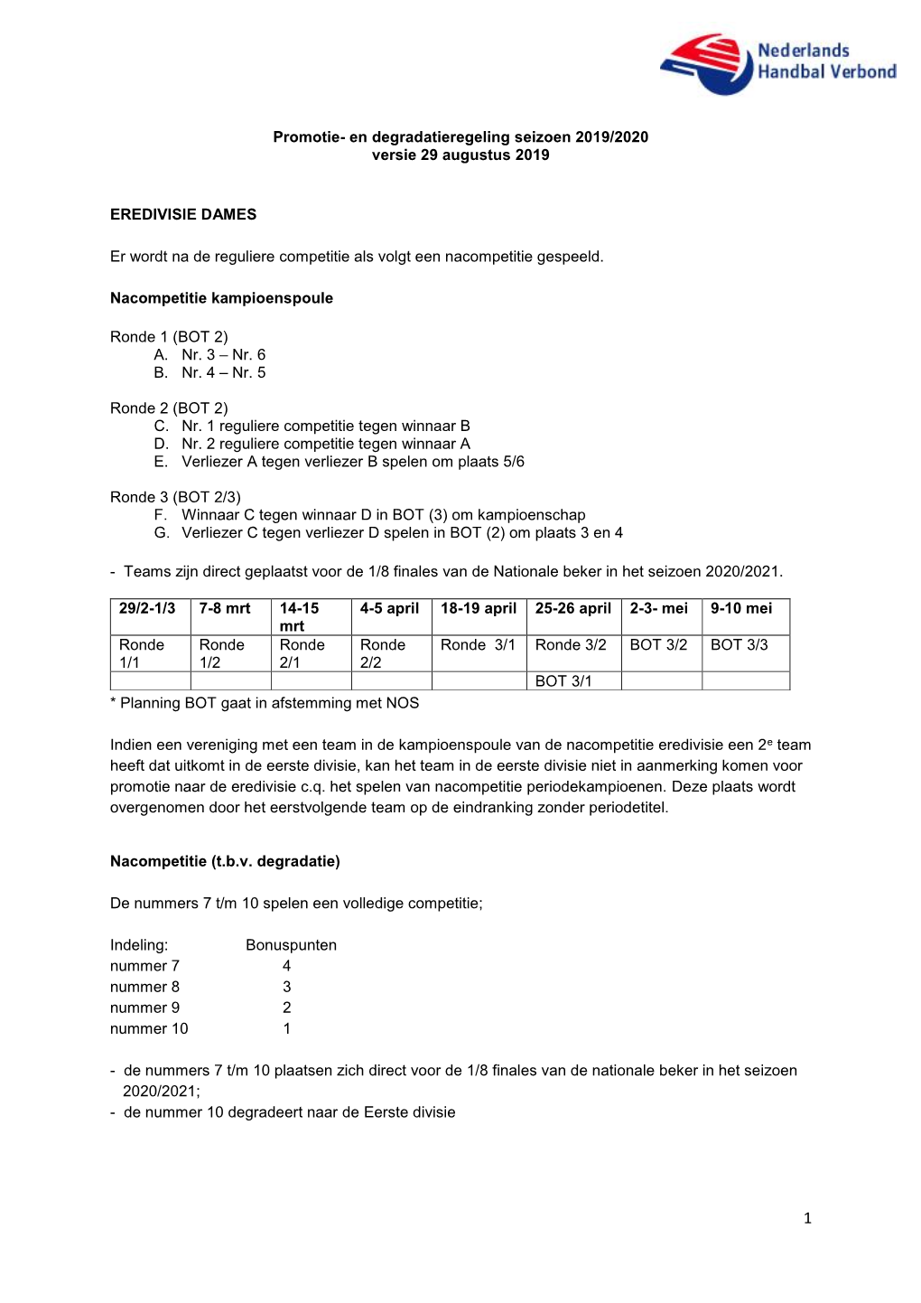 Promotie- En Degradatieregeling Seizoen 2019/2020 Versie 29 Augustus 2019