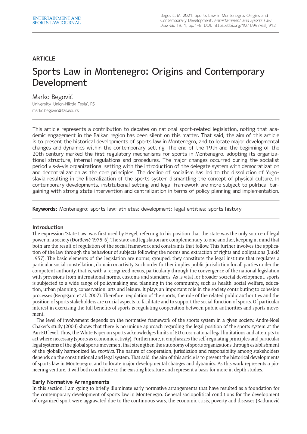 Sports Law in Montenegro: Origins and Contemporary Development