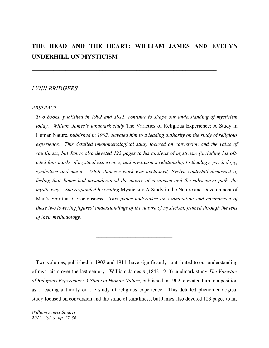 The Head and the Heart: William James and Evelyn Underhill on Mysticism ______