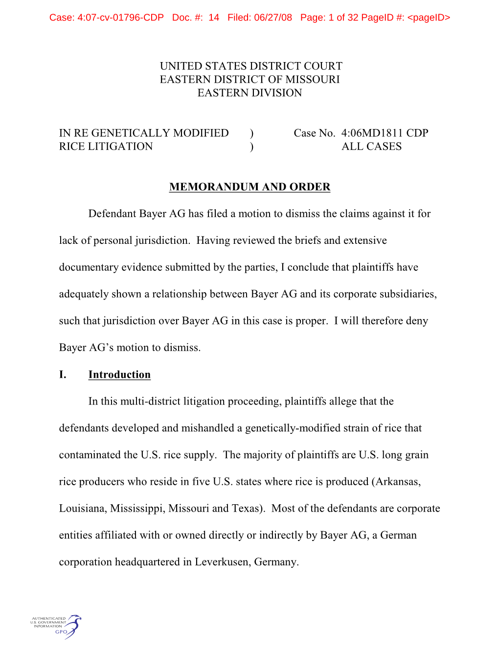 Case: 4:07-Cv-01796-CDP Doc. #: 14 Filed: 06/27/08 Page: 1 of 32 Pageid