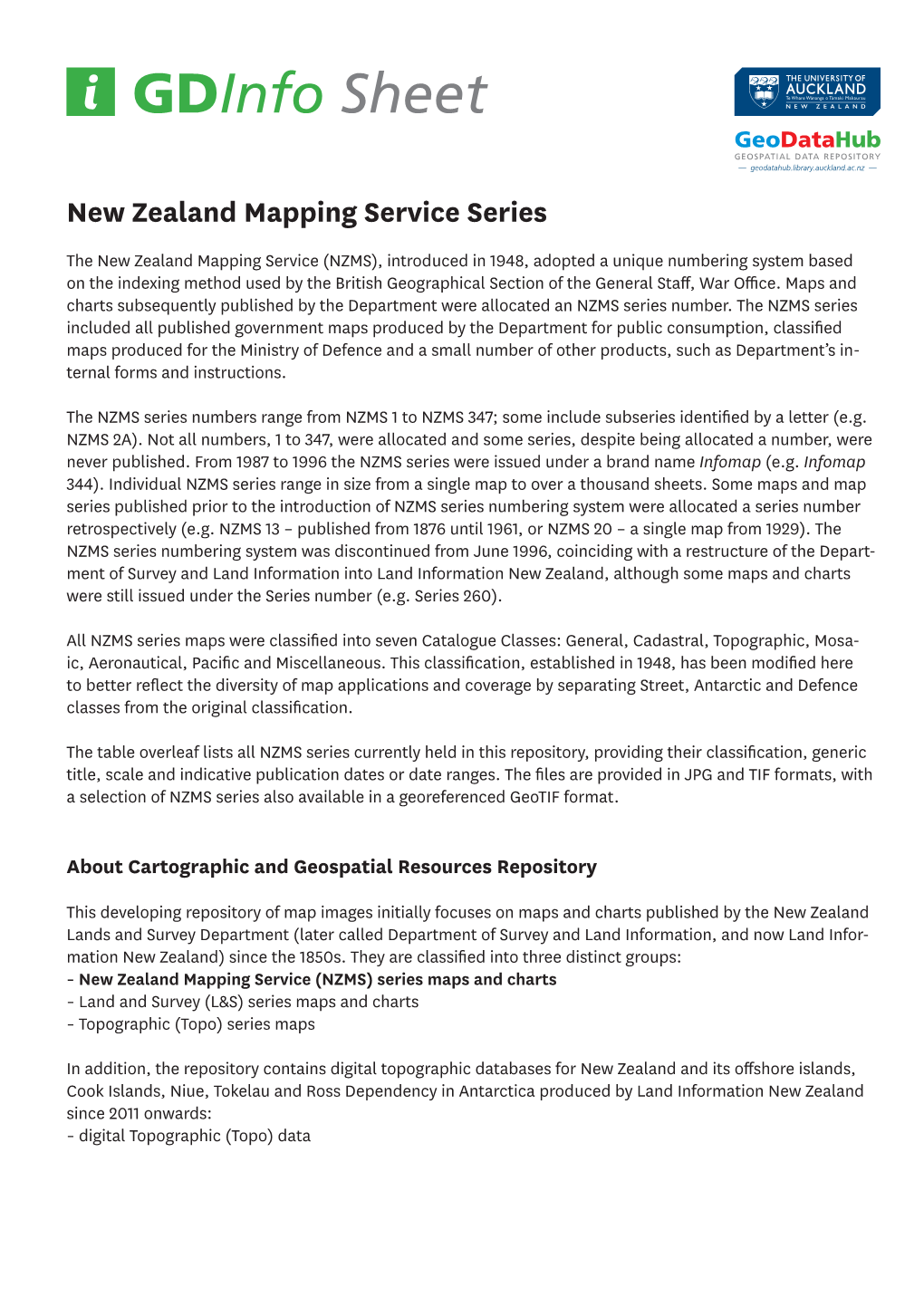 Gdinfo Sheet Geodatahub GEOSPATIAL DATA REPOSITORY — Geodatahub.Library.Auckland.Ac.Nz — New Zealand Mapping Service Series