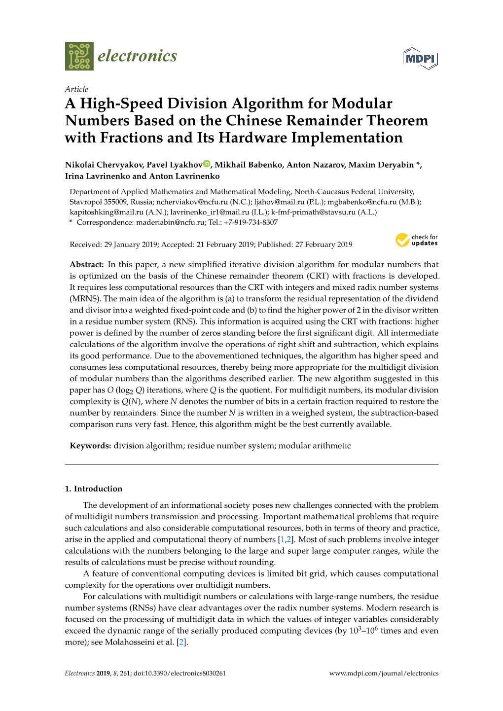 A High-Speed Division Algorithm for Modular Numbers Based on the Chinese Remainder Theorem with Fractions and Its Hardware Implementation