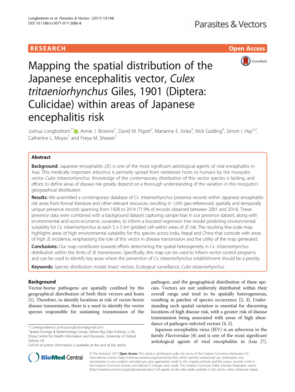 Diptera: Culicidae) Within Areas of Japanese Encephalitis Risk Joshua Longbottom1* , Annie J