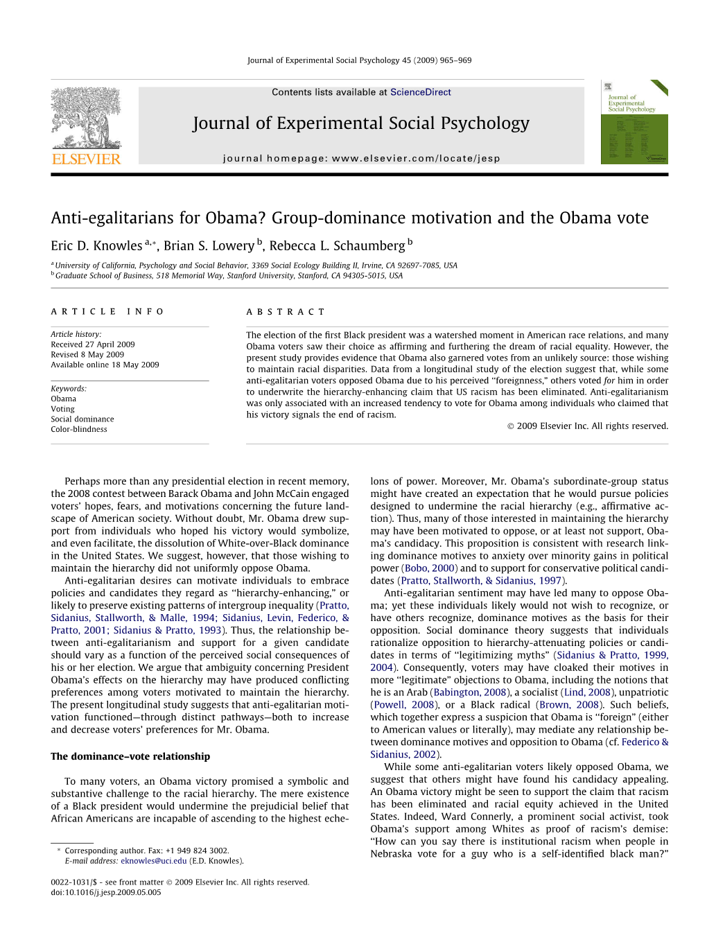 Anti-Egalitarians for Obama? Group-Dominance Motivation and the Obama Vote