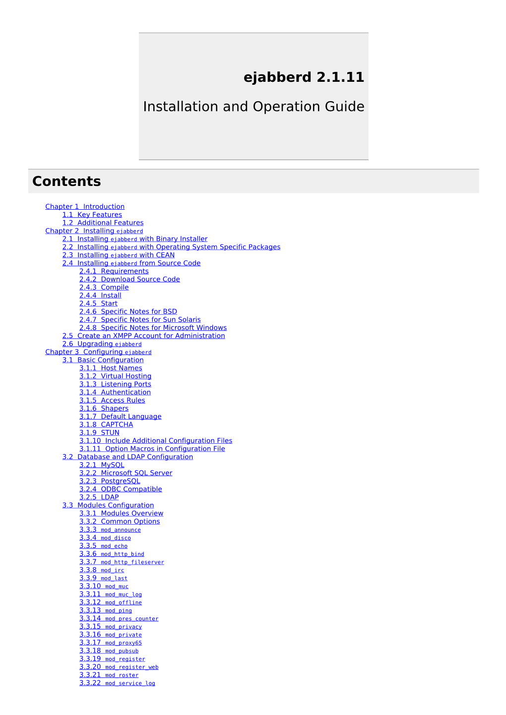 Ejabberd 2.1.11 Installation and Operation Guide Contents