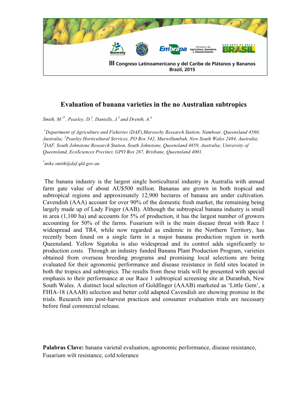 Evaluation of Banana Varieties in the No Australian Subtropics