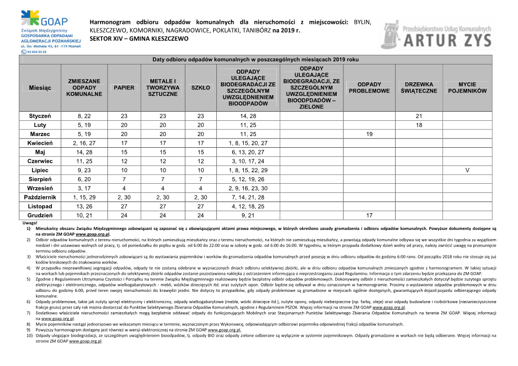 BYLIN, KLESZCZEWO, KOMORNIKI, NAGRADOWICE, POKLATKI, TANIBÓRZ Na 2019 R