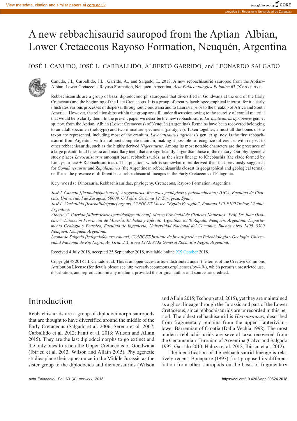 A New Rebbachisaurid Sauropod from the Aptian–Albian, Lower Cretaceous Rayoso Formation, Neuquén, Argentina