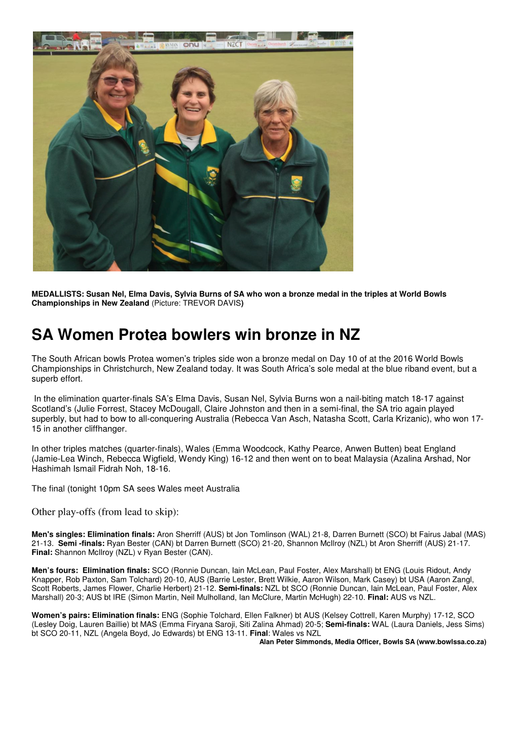 SA Women Protea Bowlers Win Bronze in NZ