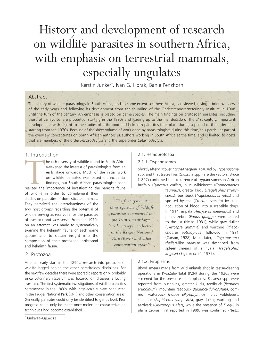 History and Development of Research on Wildlife Parasites in Southern Africa, with Emphasis on Terrestrial Mammals, Especially Ungulates Kerstin Junker*, Ivan G