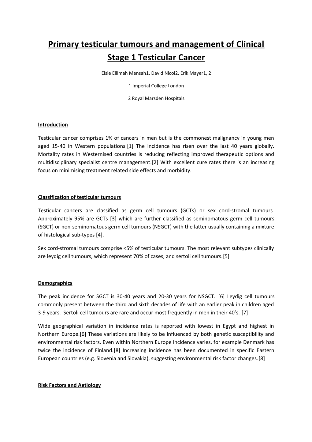 Management Of Stage 1 Testicular Cancer