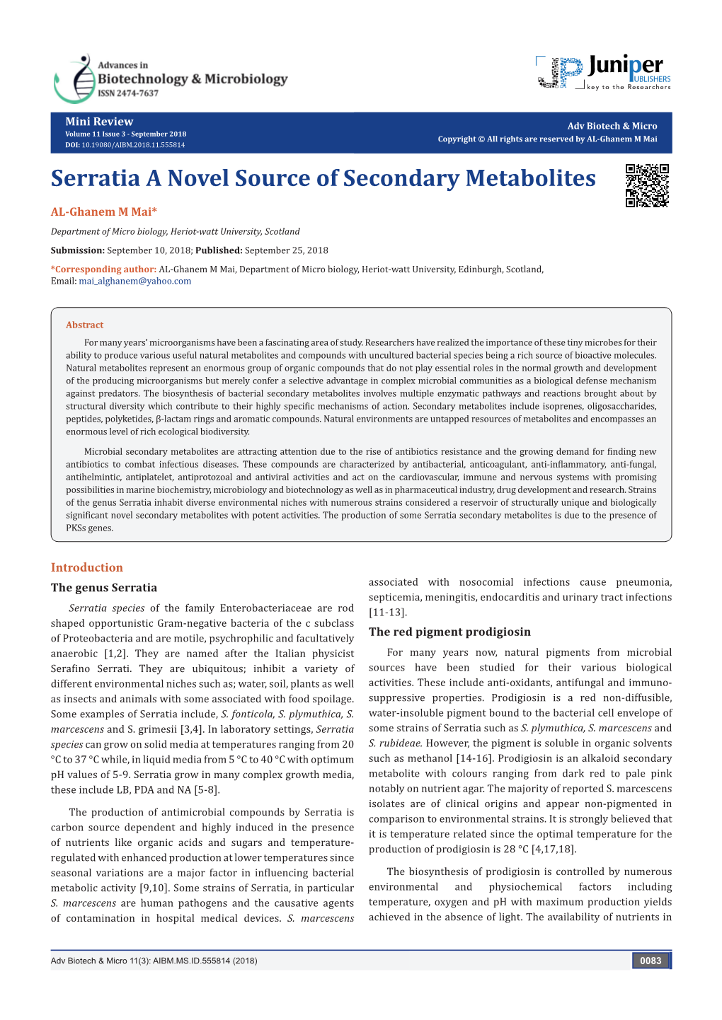 Serratia a Novel Source of Secondary Metabolites