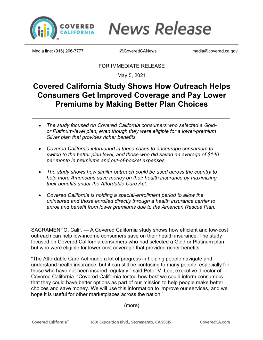 Covered California Study Shows How Outreach Helps Consumers Get Improved Coverage and Pay Lower Premiums by Making Better Plan Choices