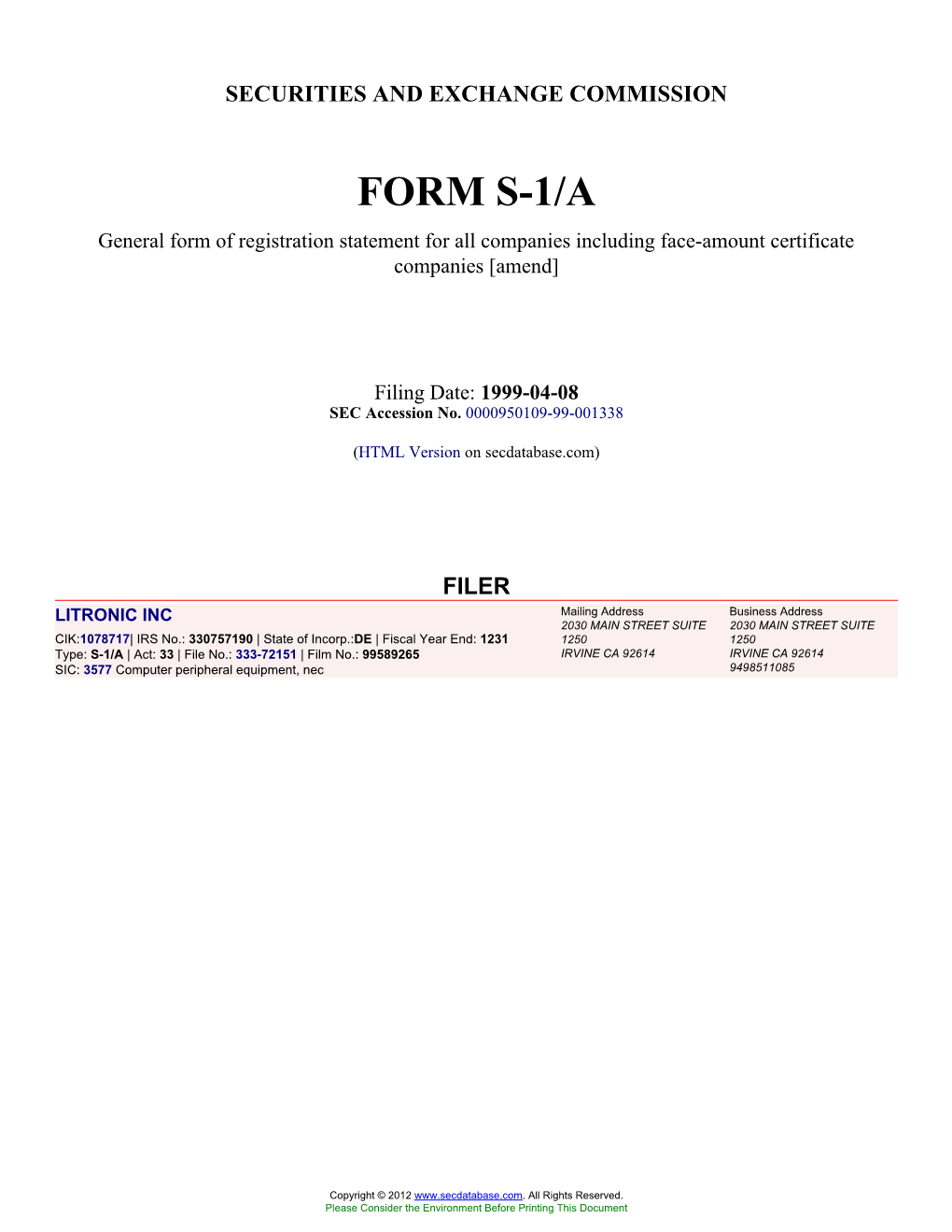 Form: S-1/A, Filing Date: 04/08/1999