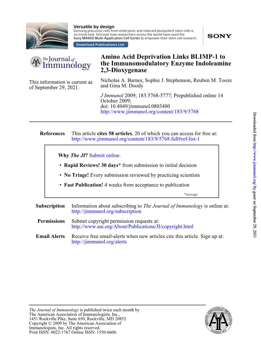 2,3-Dioxygenase Indoleamine the Immunomodulatory Enzyme Amino Acid Deprivation Links BLIMP-1 To