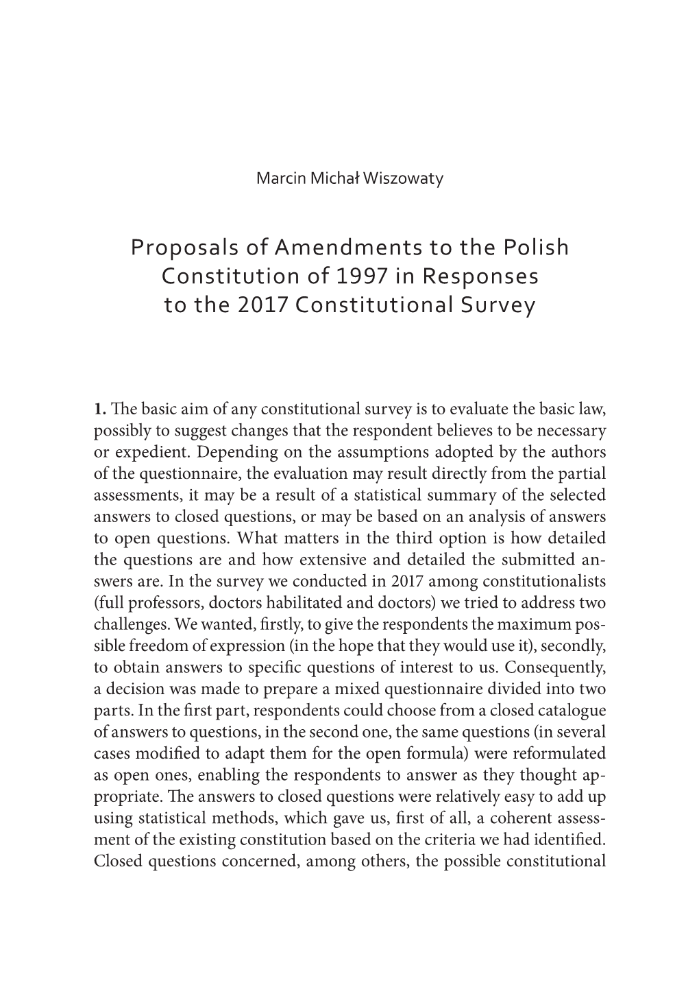 Proposals of Amendments to the Polish Constitution of 1997 in Responses to the 2017 Constitutional Survey