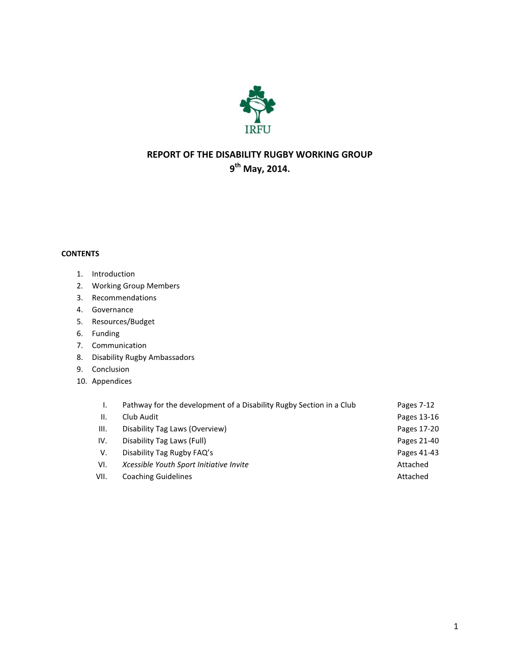 REPORT of the DISABILITY RUGBY WORKING GROUP 9Th May, 2014