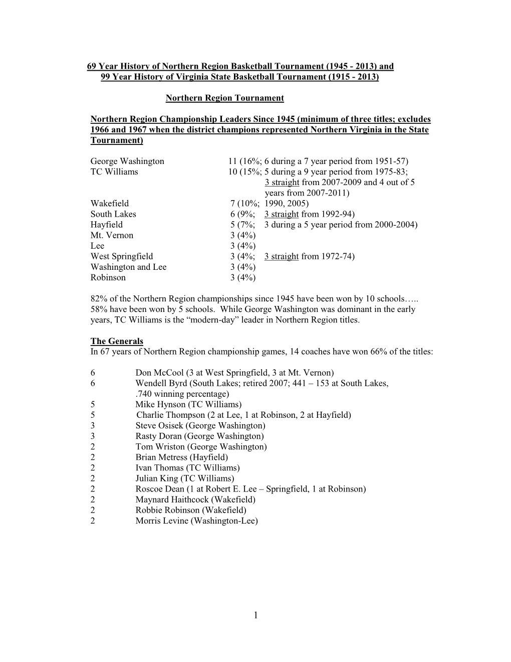 1945 - 2013) and 99 Year History of Virginia State Basketball Tournament (1915 - 2013