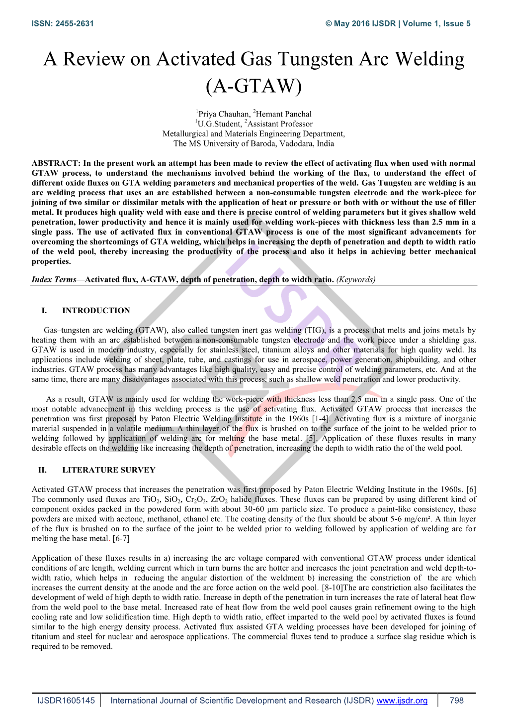 A Review on Activated Gas Tungsten Arc Welding (A-GTAW)