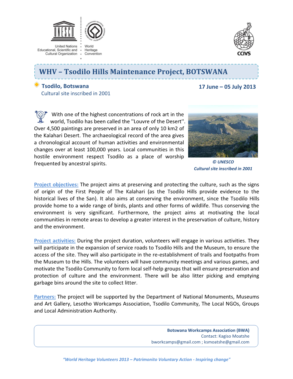 WHV – Tsodilo Hills Maintenance Project, BOTSWANA