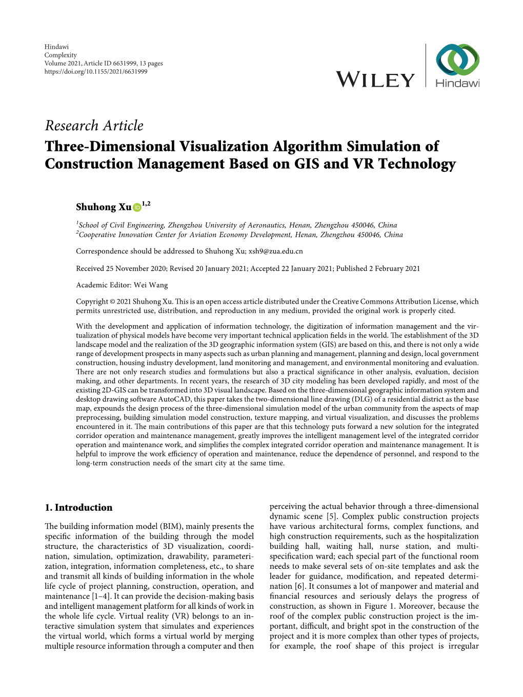 Three-Dimensional Visualization Algorithm Simulation of Construction Management Based on GIS and VR Technology