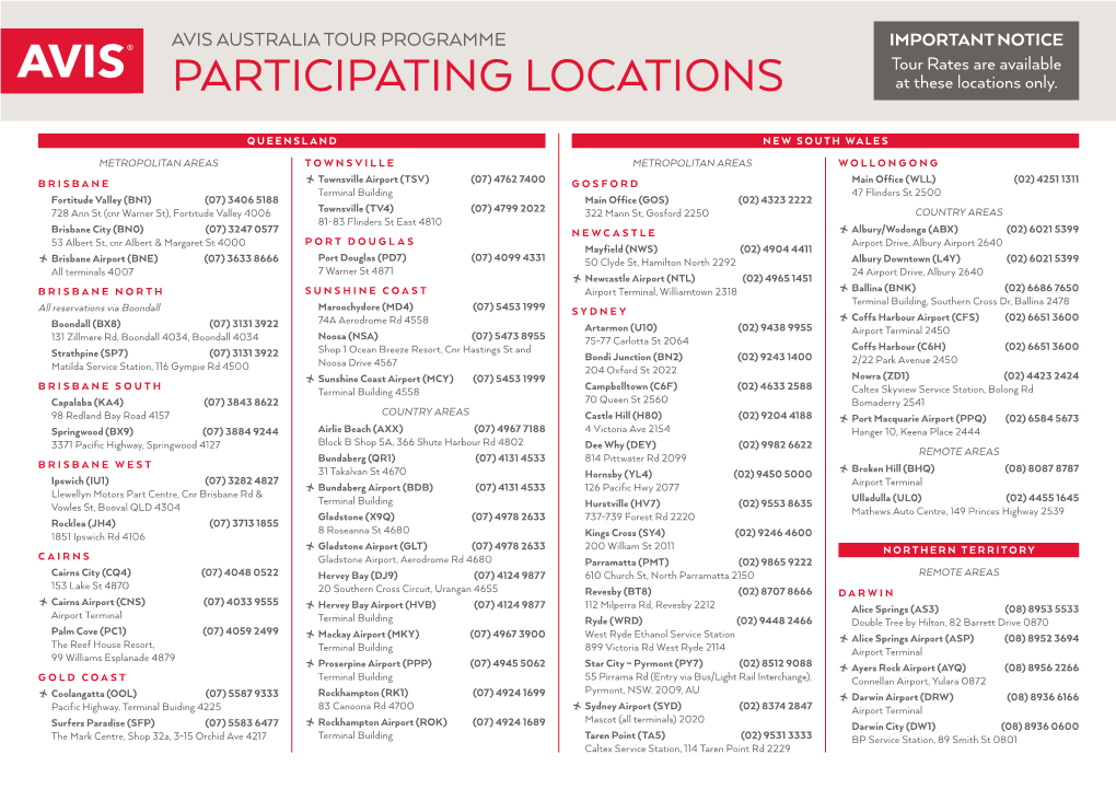 Avis Australia Tour Programme Participating Locations