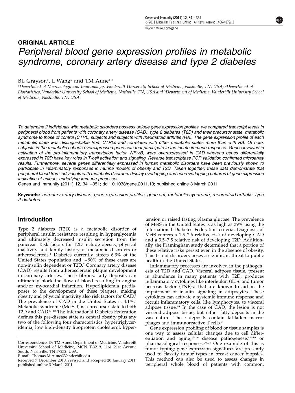 Peripheral Blood Gene Expression Profiles in Metabolic Syndrome, Coronary Artery Disease and Type 2 Diabetes