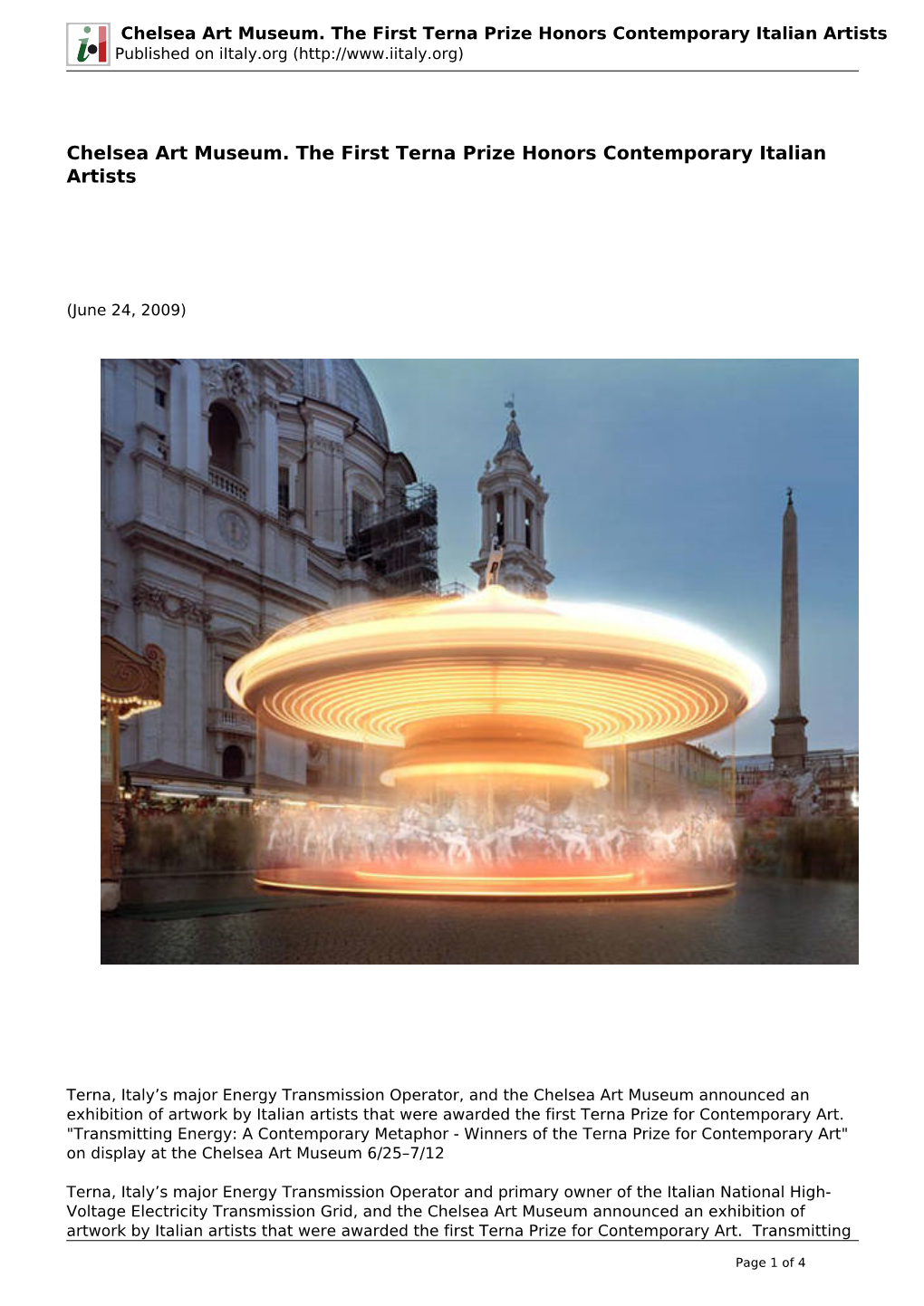 Chelsea Art Museum. the First Terna Prize Honors Contemporary Italian Artists Published on Iitaly.Org (