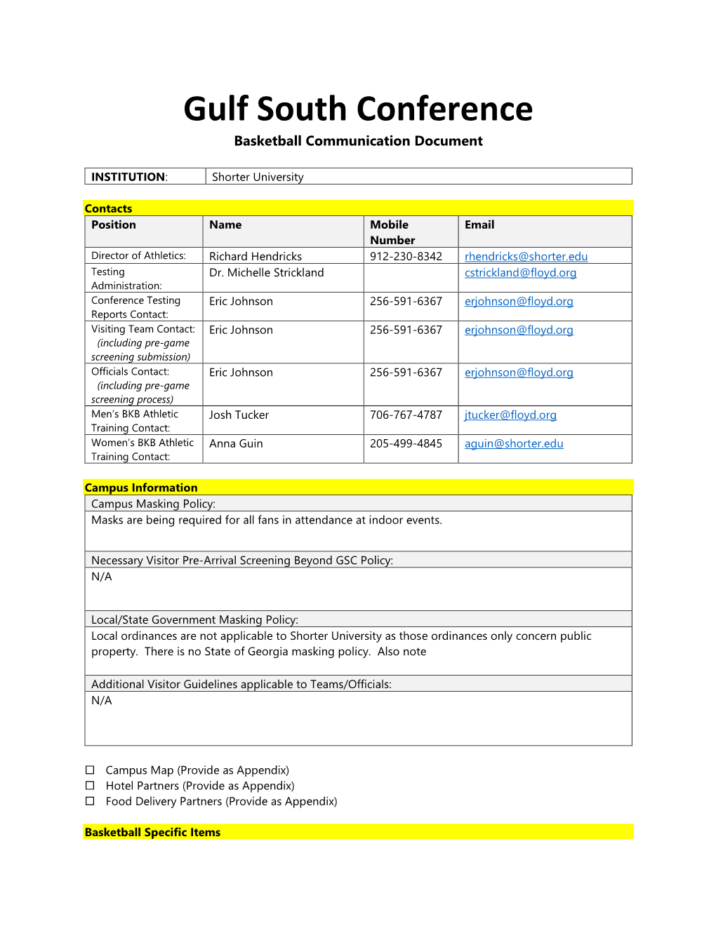 Gulf South Conference Basketball Communication Document