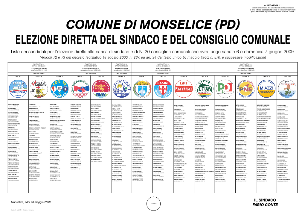 COMUNE DI MONSELICE (PD) ELEZIONE DIRETTA DEL SINDACO E DEL CONSIGLIO COMUNALE Liste Dei Candidati Per L’Elezione Diretta Alla Carica Di Sindaco E Di N