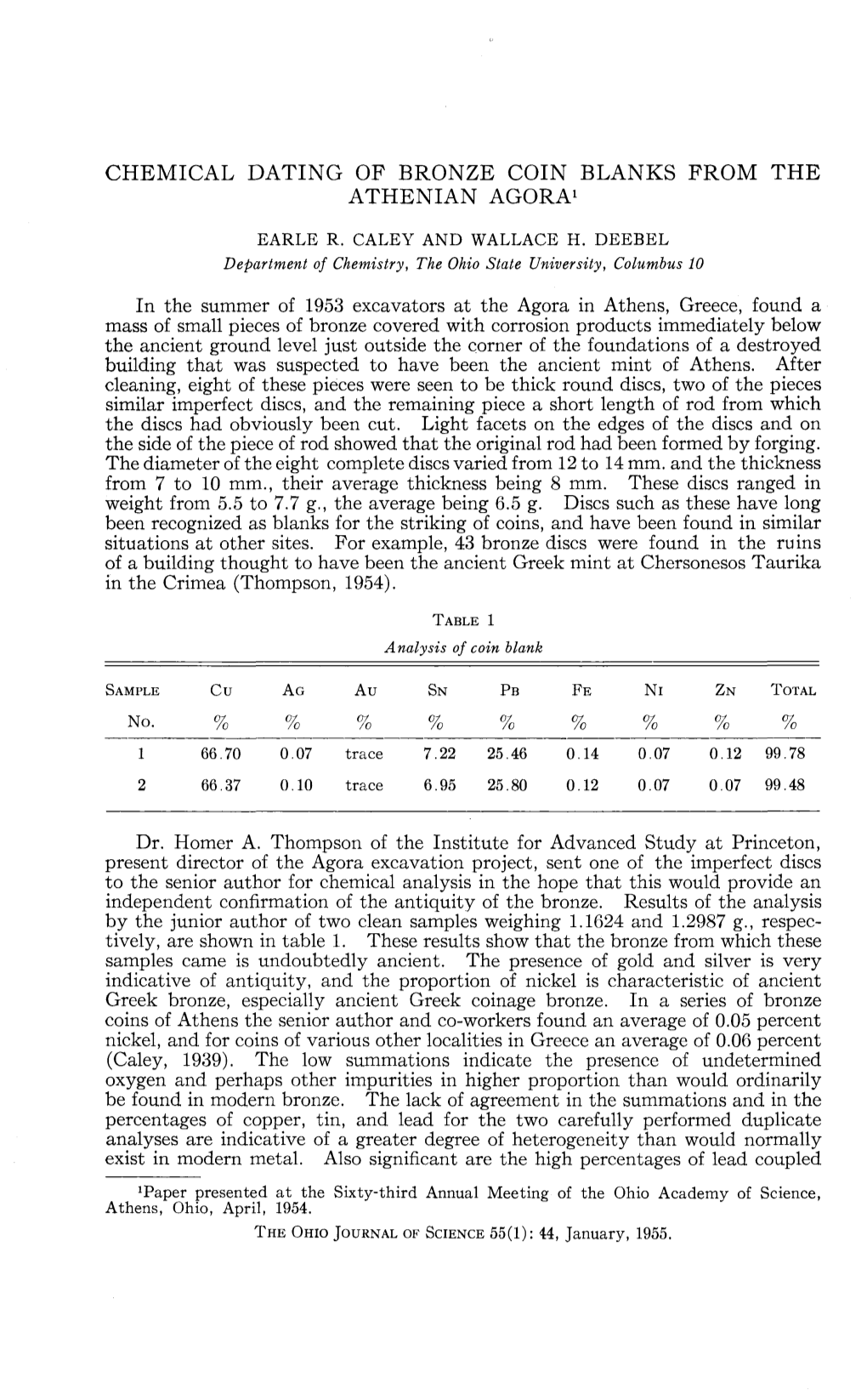 Chemical Dating of Bronze Coin Blanks from the Anthenian Agora