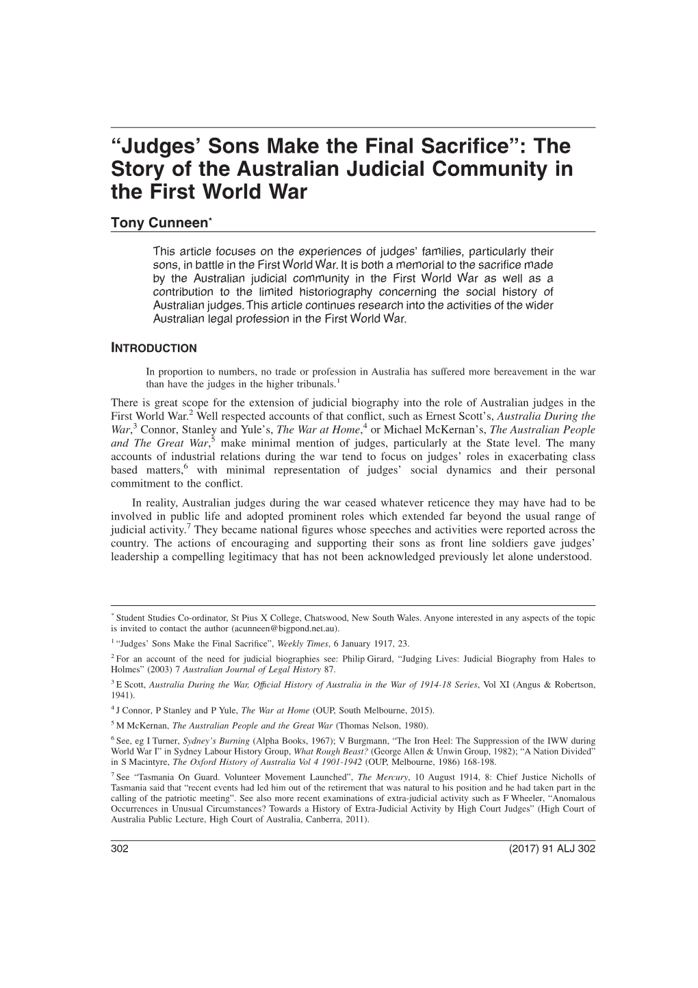 “Judges' Sons Make the Final Sacrifice”: the Story of the Australian Judicial Community in the First World