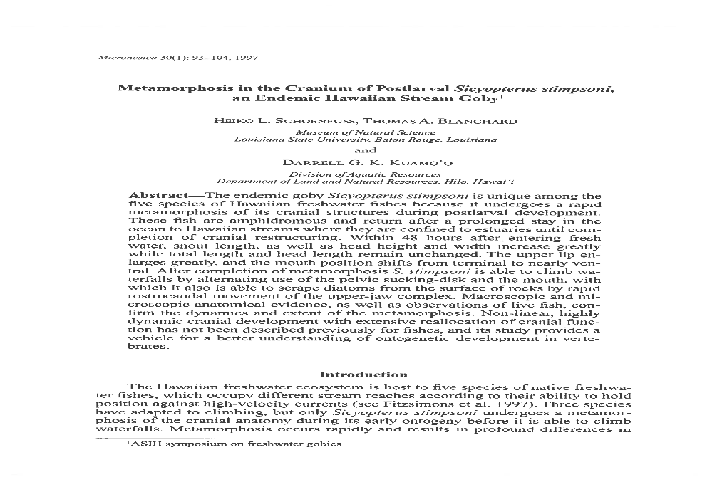 Metamorphosis in the Cranium of Postlarval Sicyopterus Stimpsoni