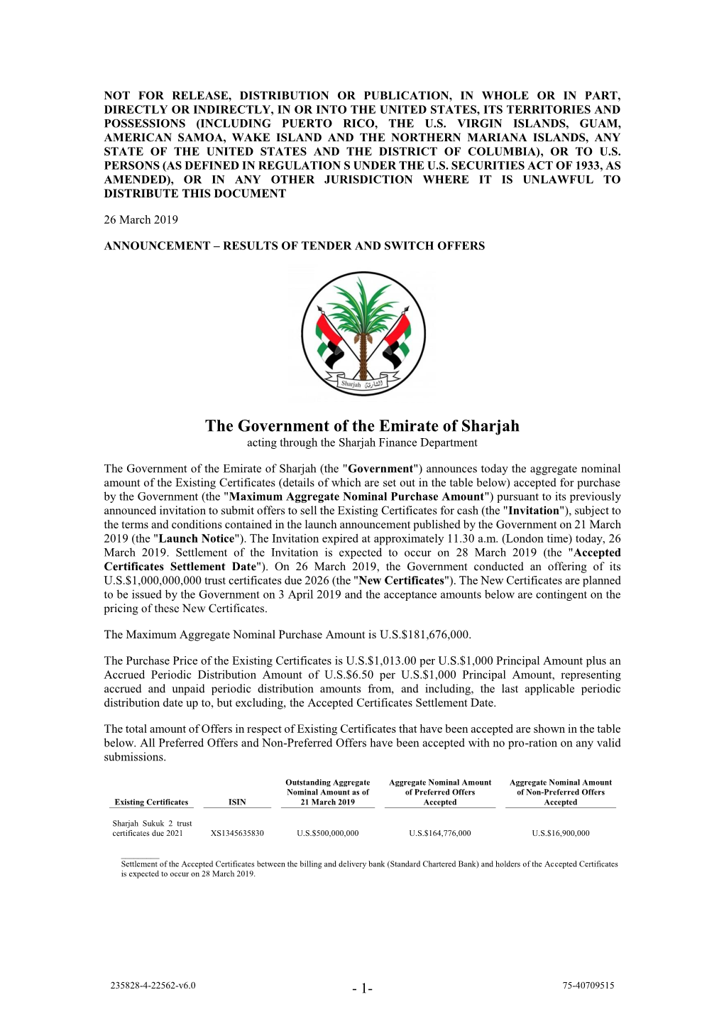 The Government of the Emirate of Sharjah Acting Through the Sharjah Finance Department