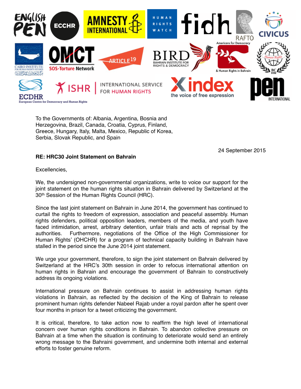 Ngos Letter on Swiss Joint Statement on Bahrain 24Sept15 Final