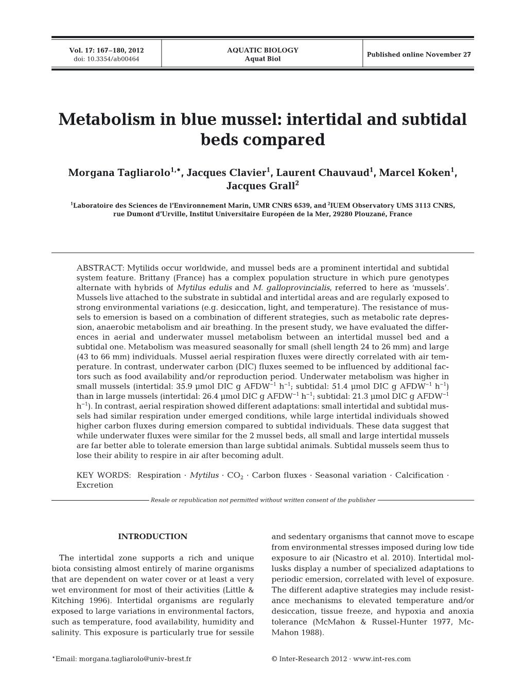 Metabolism in Blue Mussel: Intertidal and Subtidal Beds Compared