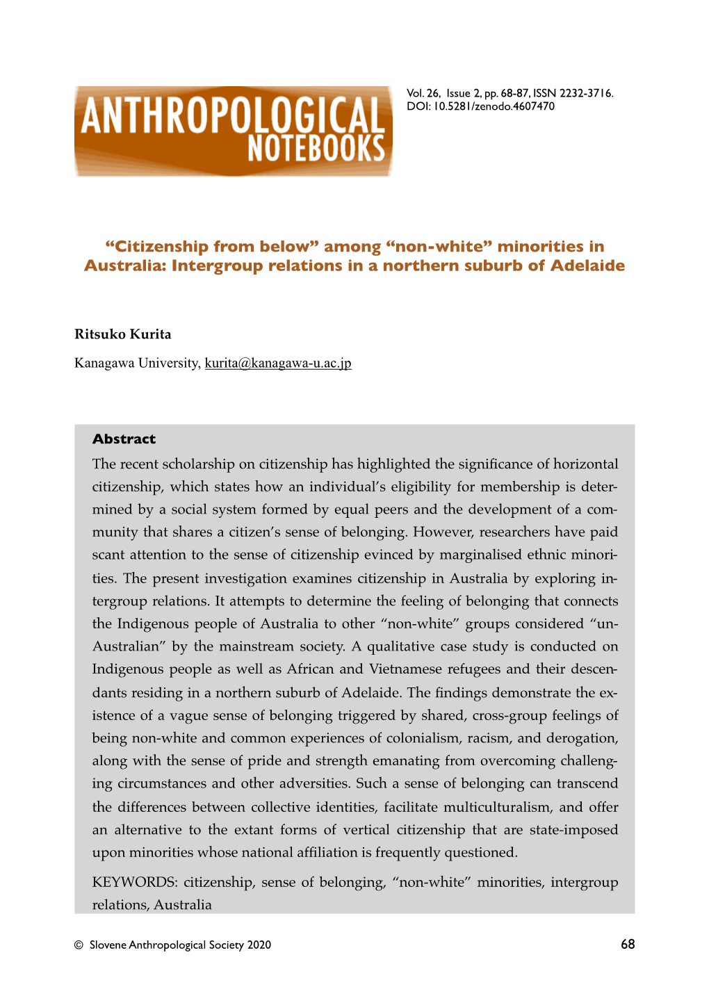 “Citizenship from Below” Among “Non-White” Minorities in Australia: Intergroup Relations in a Northern Suburb of Adelaide