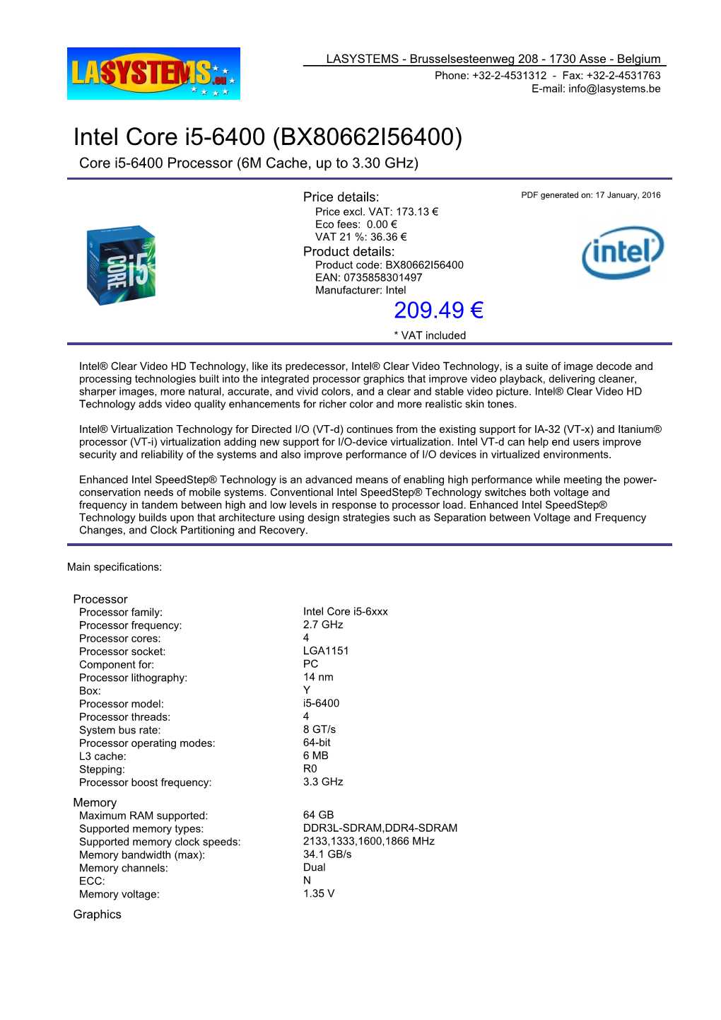 Intel Core I5-6400 (BX80662I56400) Core I5-6400 Processor (6M Cache, up to 3.30 Ghz)