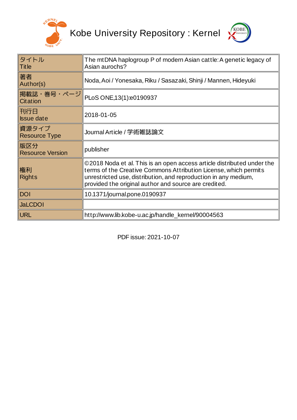 The Mtdna Haplogroup P of Modern Asian Cattle: a Genetic Legacy Of