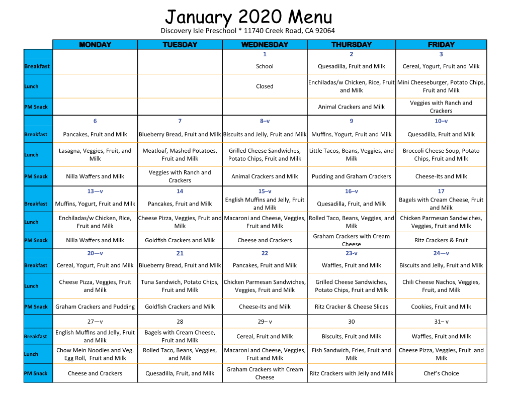 January 2020 Menu Discovery Isle Preschool * 11740 Creek Road, CA 92064