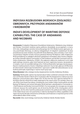 Indyjska Rozbudowa Morskich Zdolności Obronnych. Przypadek Andamanów I Nikobarów India's Development of Maritime Defense Capabilities