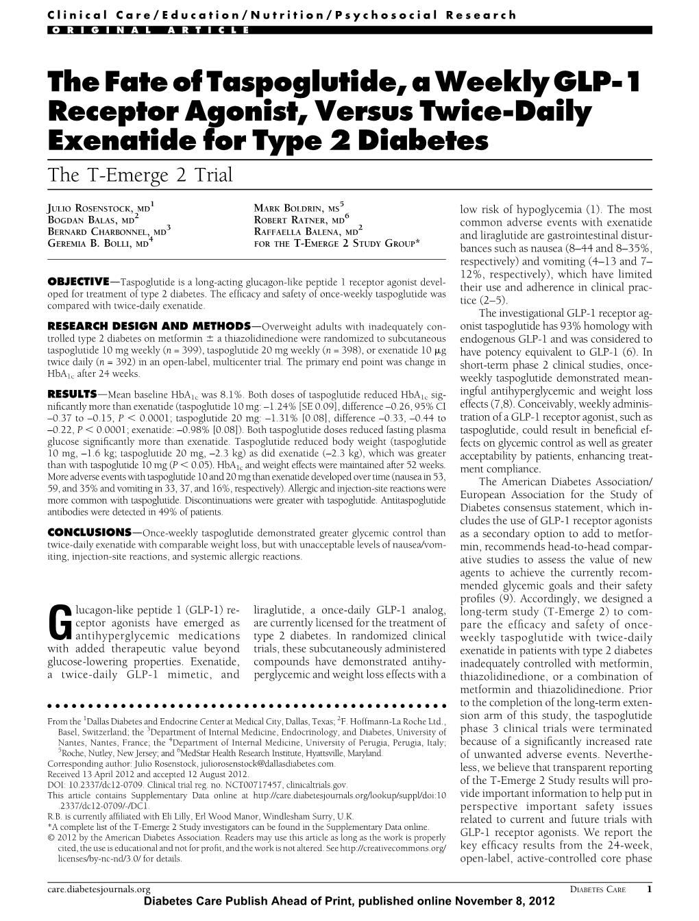 The Fate of Taspoglutide, a Weekly GLP-1 Receptor Agonist, Versus Twice-Daily Exenatide for Type 2 Diabetes the T-Emerge 2 Trial