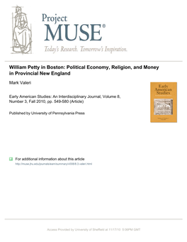 William Petty in Boston: Political Economy, Religion, and Money in Provincial New England