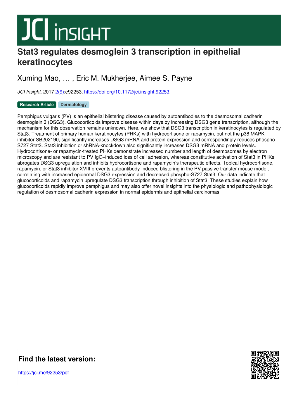 Stat3 Regulates Desmoglein 3 Transcription in Epithelial Keratinocytes
