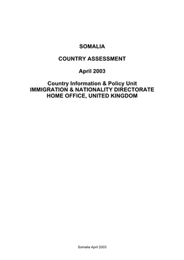 SOMALIA COUNTRY ASSESSMENT April 2003 Country Information